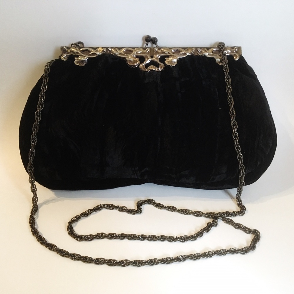 JR Black Velour Purse Evening Shoulder Bag Silver Ornate Metal Chain Vintage